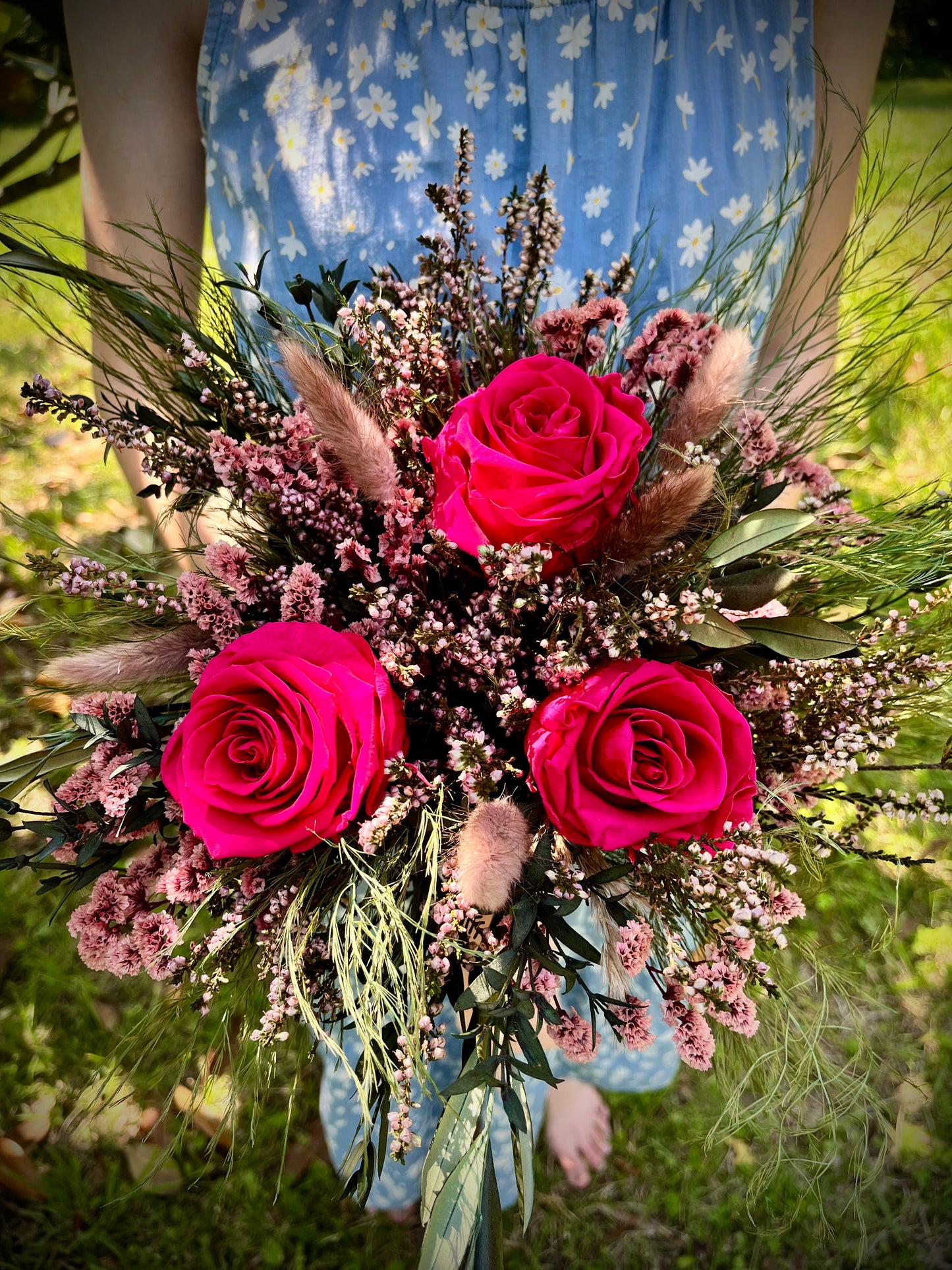 Scottish Heather and Pink Velvet Rose Forever Bouquet with Preserved Olive tree leaves
