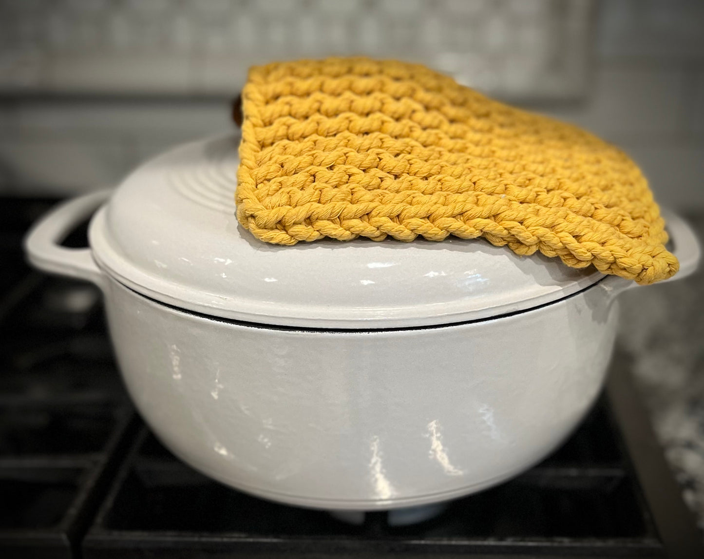 Hand Knitted Cotton and Leather Potholder