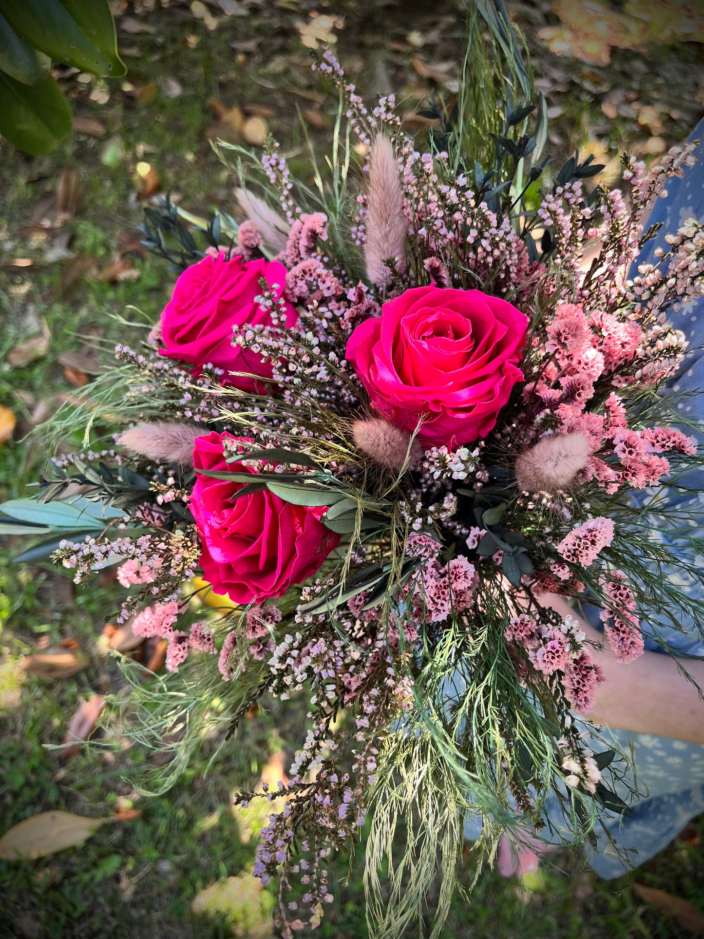 Scottish Heather and Pink Velvet Rose Forever Bouquet with Preserved Olive tree leaves