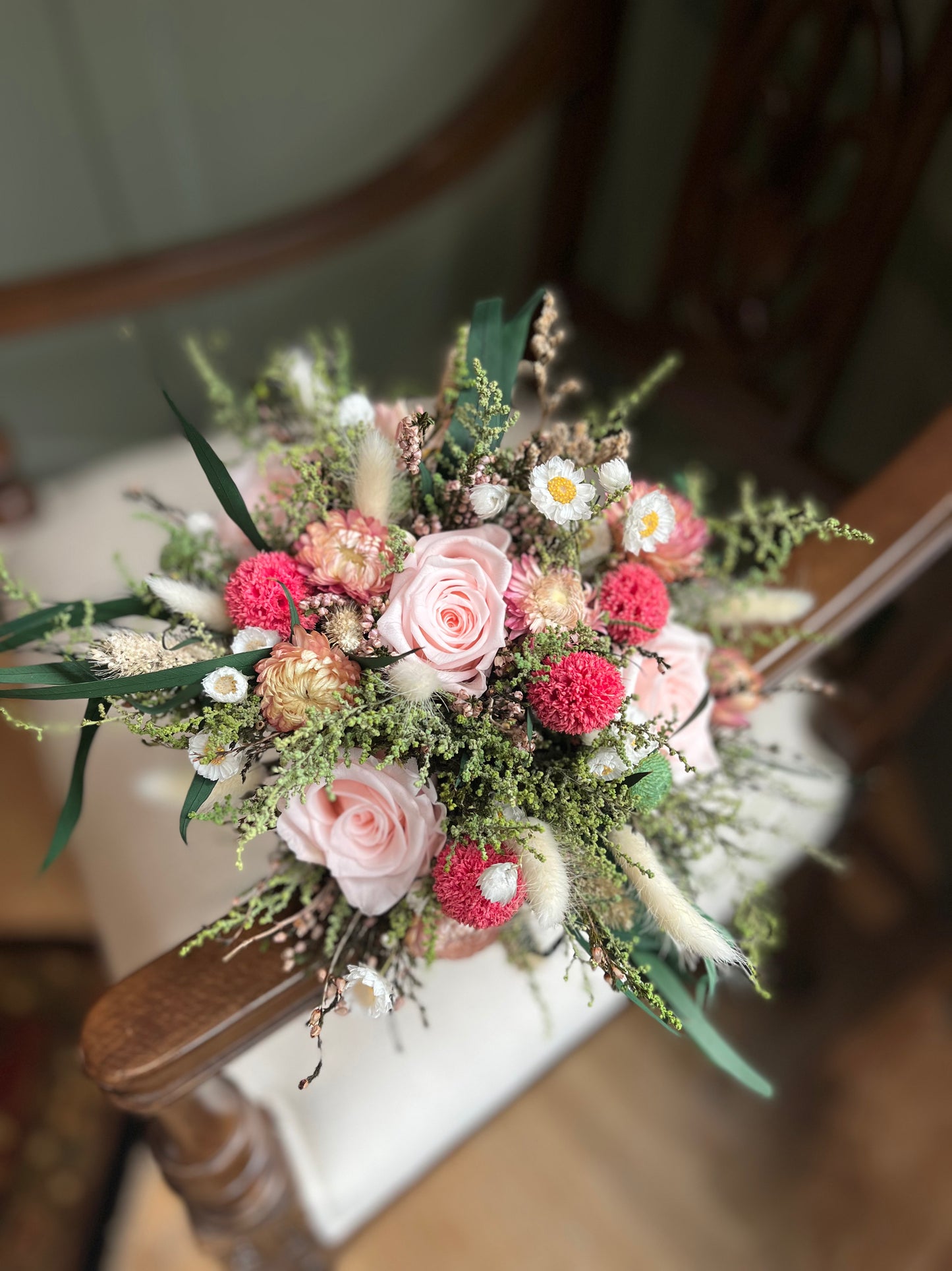 Preserved Pink Bouquet: Real Pink Blush Roses, Daisies, Scottish Heather
