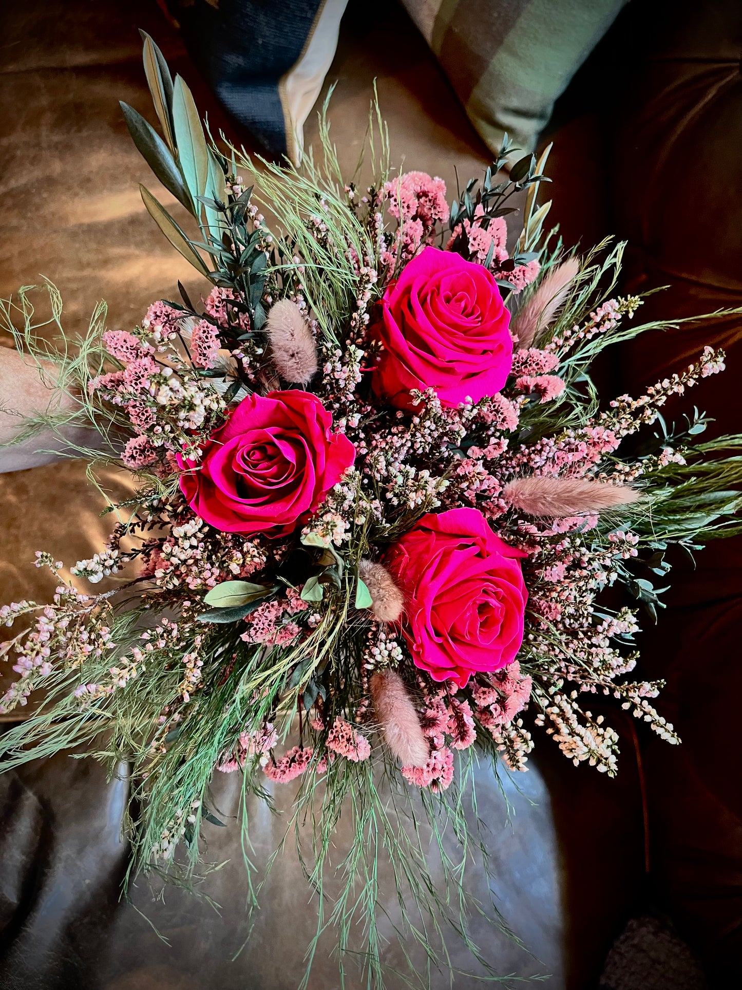 Scottish Heather and Pink Velvet Rose Forever Bouquet with Preserved Olive tree leaves