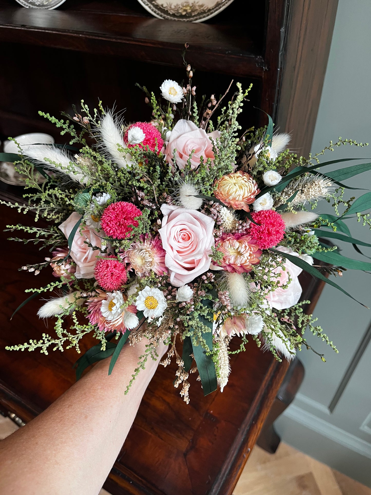 Preserved Pink Bouquet: Real Pink Blush Roses, Daisies, Scottish Heather