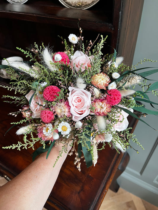 Preserved Pink Bouquet: Real Pink Blush Roses, Daisies, Scottish Heather