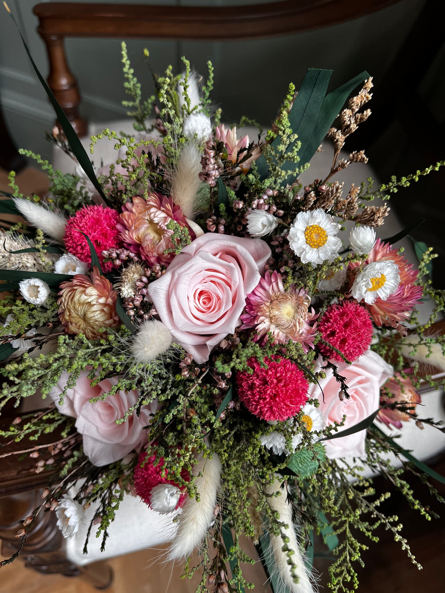 Preserved Pink Bouquet: Real Pink Blush Roses, Daisies, Scottish Heather