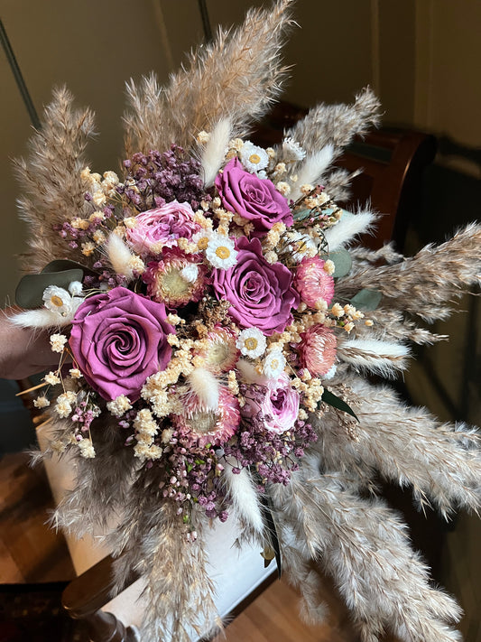 Preserved Mauve Purple Roses And Daisy Bouquet