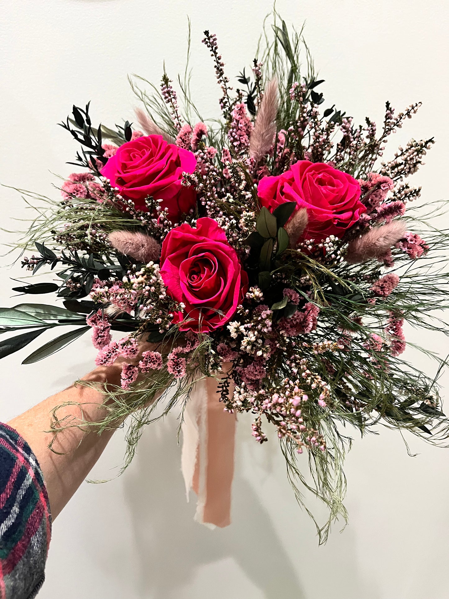 Scottish Heather and Pink Velvet Rose Forever Bouquet with Preserved Olive tree leaves