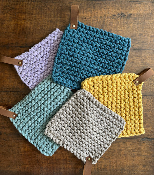 Hand Knitted Cotton and Leather Potholder